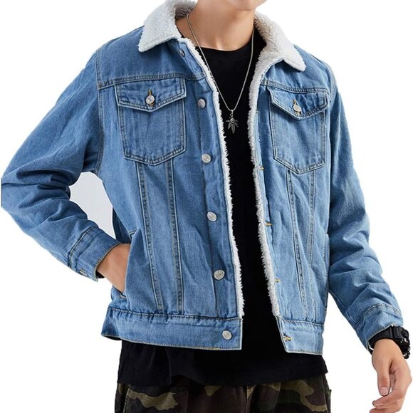 Men's Lapel Sherpa Fleece Lined Denim Trucker Jacket, Large - Warmth Meets Style - Picture 2 of 7